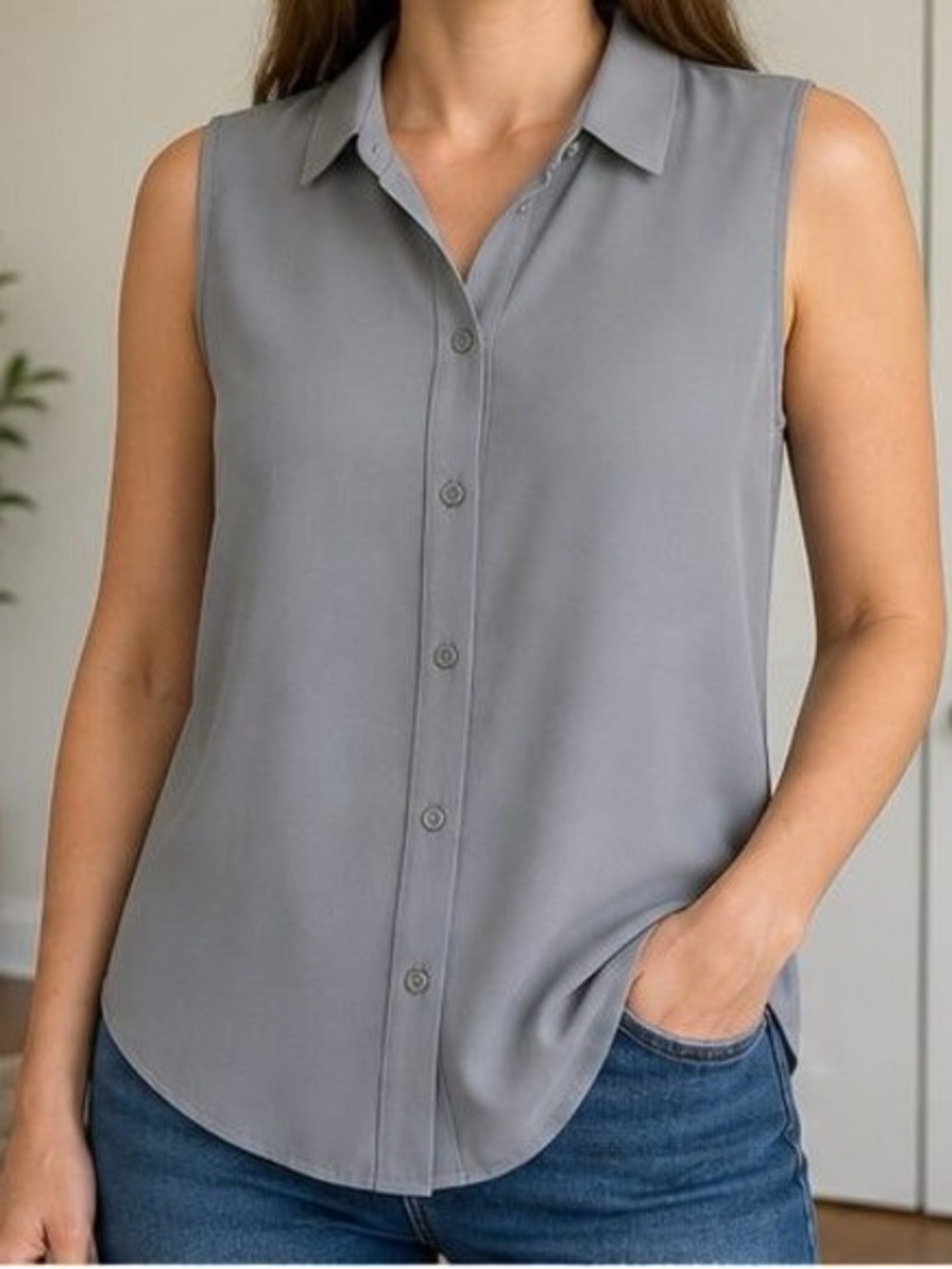 Sleeveless Collared Button-Front Top in Gray - Picture 2 of 6